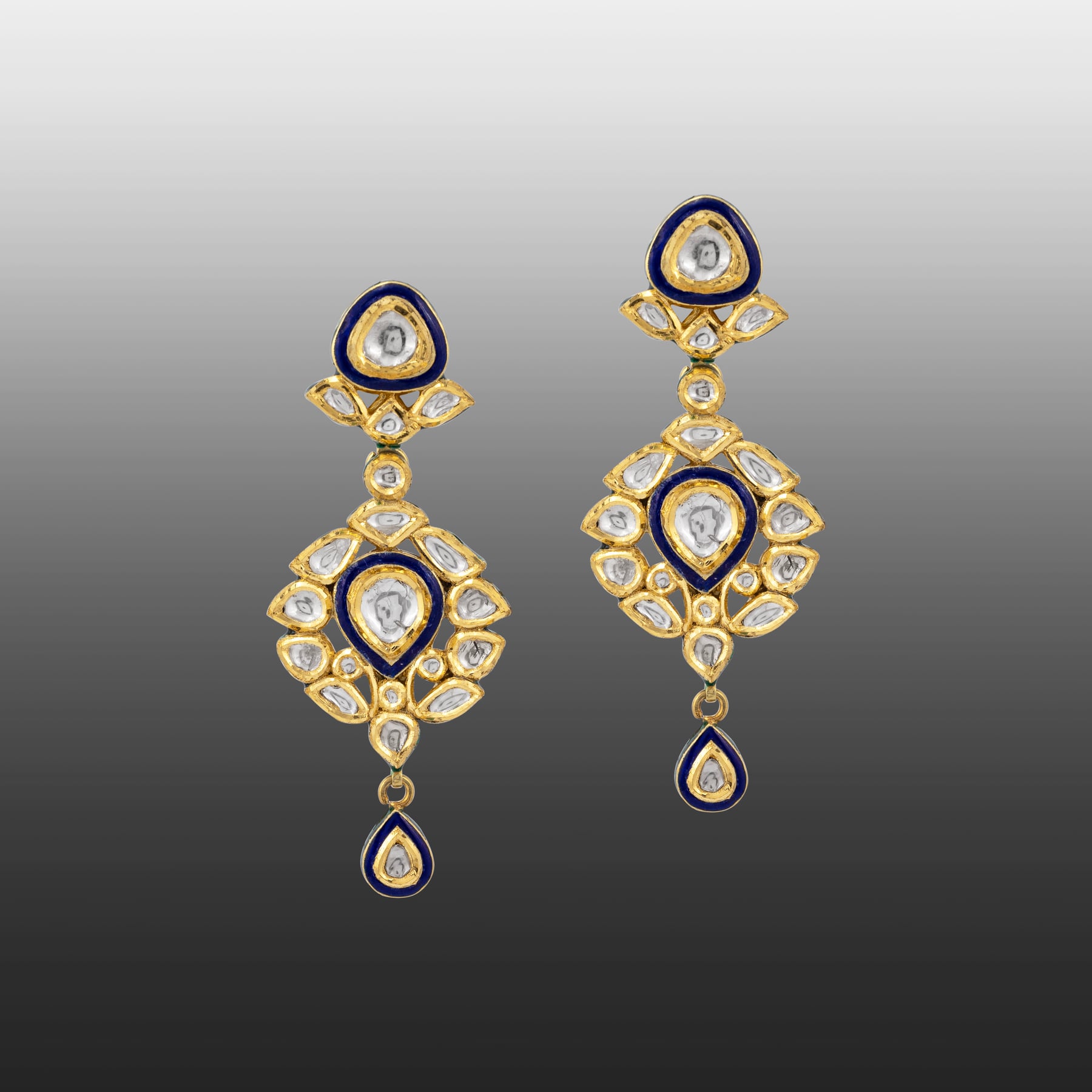 Polki Drop Earrings with Blue Enamel and Teardrop Motifs